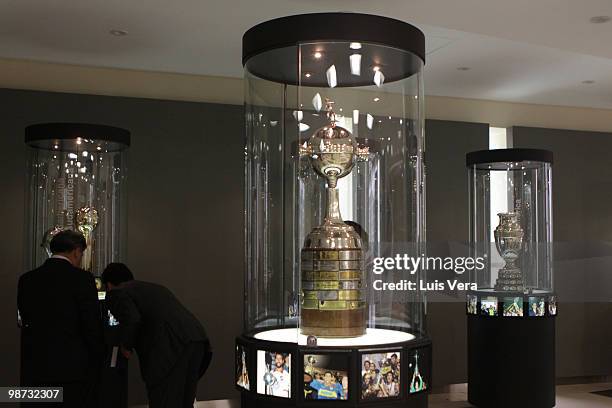 View of Libertadores Cup's trophy during the draw of the 2010 competition at Conmebol Conventions Center on April 28, 2010 in Luque, Paraguay.