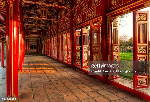 red doors, imperial citadel - vietnam - fou stock pictures, royalty-free photos & images