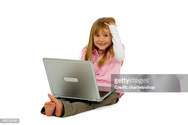 pretty girl with laptop smiling into camera isolated on white - moving down to seated position stock pictures, royalty-free photos & images