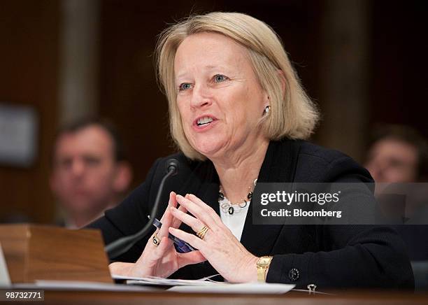 Mary Schapiro, chairman of the U.S. Securities and Exchange Commission , testifies to a Senate Subcommittee on Financial Services and General...