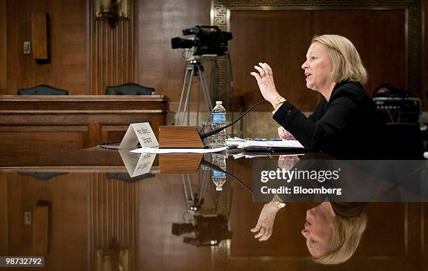 Mary Schapiro, chairman of the U.S. Securities and Exchange Commission , testifies to a Senate Subcommittee on Financial Services and General...