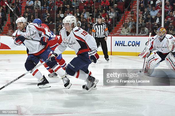 Nicklas Backstrom of the Washington Capitals, Mike Knuble of the Washington Capitals skates to position in Game Six of the Eastern Conference...