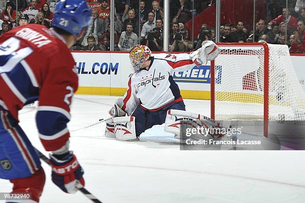 Semyon Varlamov of the Washington Capitals deflects a shot by Brian Gionta of Montreal Canadiens in Game Six of the Eastern Conference Quarterfinals...