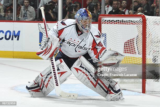 Semyon Varlamov of the Washington Capitals catches the puck in Game Six of the Eastern Conference Quarterfinals during the 2010 NHL Stanley Cup...