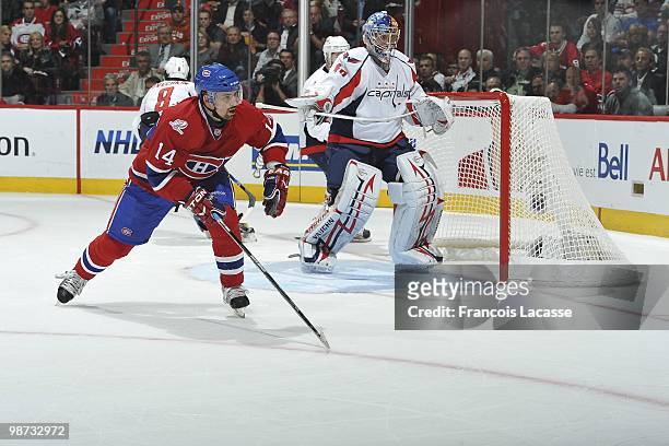 Tomas Plekanec of Montreal Canadiens skates for the puck in Game Six of the Eastern Conference Quarterfinals during the 2010 NHL Stanley Cup Playoffs...