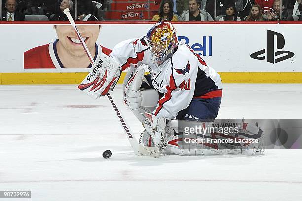 Semyon Varlamov of the Washington Capitals stops the puck in Game Six of the Eastern Conference Quarterfinals during the 2010 NHL Stanley Cup...
