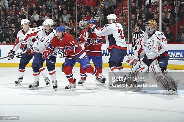 Players lines up infront of Semyon Varlamov of the Washington Capitals in Game Six of the Eastern Conference Quarterfinals during the 2010 NHL...