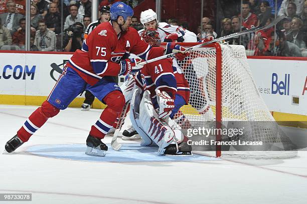 Hal Gill of Montreal Canadiens patrols the front of the net in Game Six of the Eastern Conference Quarterfinals during the 2010 NHL Stanley Cup...