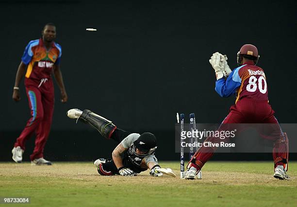 Brendon McCullum of New Zealand is stumped by Denesh Ramdin off the bowling of Sulieman Benn of West Indies during The ICC T20 World Cup warm up...