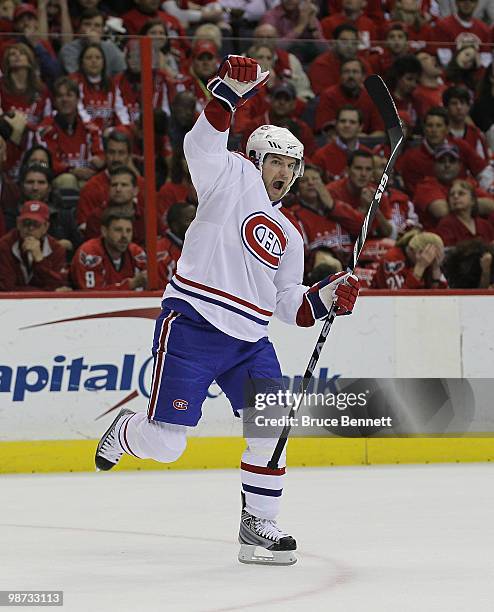 Marc-Andre Bergeron of the Montreal Canadiens scores a first period power play goal against the Washington Capitals in Game Seven of the Eastern...