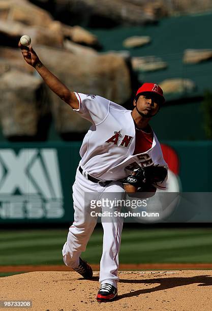 Ervin Santana of the Los Angeles Angels of Anaheim throws a pitch against the Cleveland Indians on April 28, 2010 at Angel Stadium in Anaheim,...