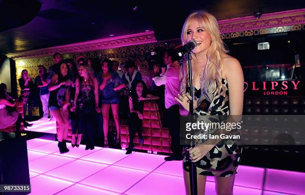 Pixie Lott performs at the launch party for her "Pixie Loves Lipsy" fashion collection at Movida on April 28, 2010 in London, England.