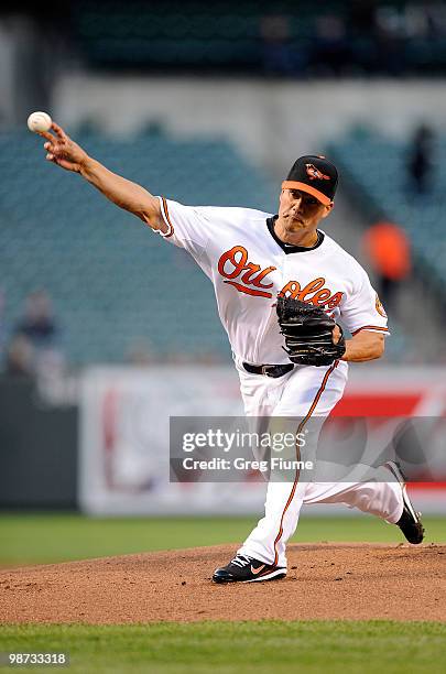 Jeremy Guthrie of the Baltimore Orioles pitches against the New York Yankees at Camden Yards on April 28, 2010 in Baltimore, Maryland.