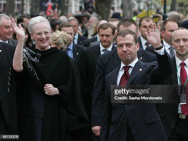 Queen Margrethe of Denmark and Russian President Dmitry Medvedev walk in the Tivoli Gardens April 28, 2010 in Copenhagen, Denmark. Medvedev is on a...