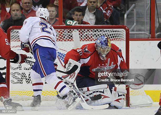 Brian Gionta of the Montreal Canadiens is stopped by Semyon Varlamov of the Washington Capitals in Game Seven of the Eastern Conference Quarterfinals...