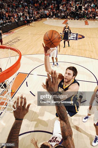 Josh McRoberts of the Indiana Pacers puts a shot up against the Phoenix Suns in an NBA Game on March 6, 2010 at U.S. Airways Center in Phoenix,...