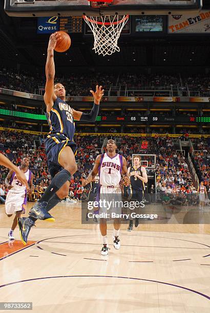 Danny Granger of the Indiana Pacers makes a layup against the Phoenix Suns in an NBA Game on March 6, 2010 at U.S. Airways Center in Phoenix,...