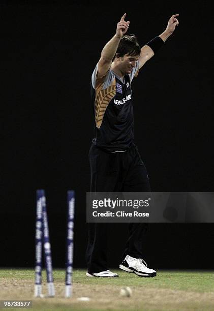 Shane Bond of New Zealand celebrates the winning wicket during the ICC T20 World Cup warm up match between West Indies and New Zealand at the Guyana...