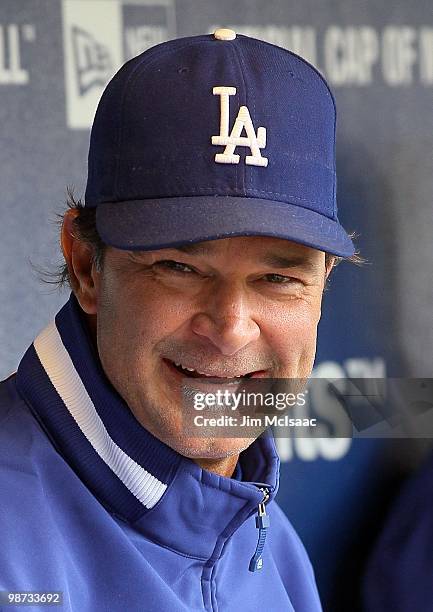 Hitting coach Don Mattingly of the Los Angeles Dodgers looks on before their game against the New York Mets on April 28, 2010 at Citi Field in the...