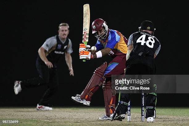 Ramnaresh Sarwan of West Indies is clean bowled by Scott Styris of New Zealand during the ICC T20 World Cup warm up match between West Indies and New...
