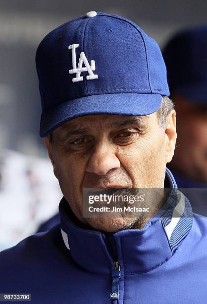 Manager Joe Torre of the Los Angeles Dodgers looks on before their game against the New York Mets on April 28, 2010 at Citi Field in the Flushing...