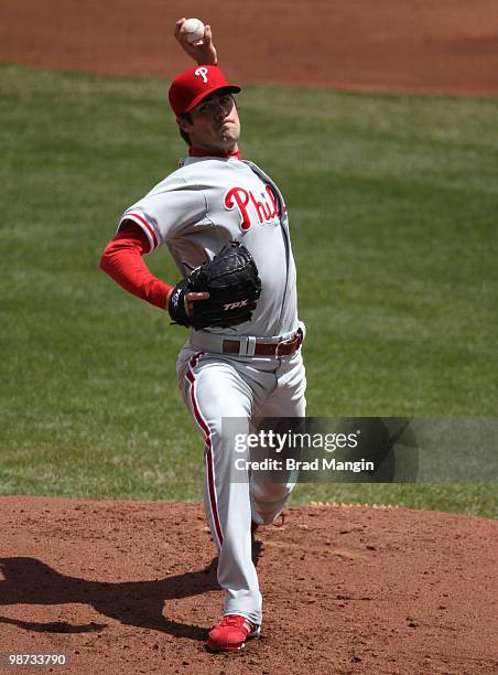 Cole Hamels of the Philadelphia Phillies pitches against the San Francisco Giants during the game at AT&T Park on April 28, 2010 in San Francisco,...