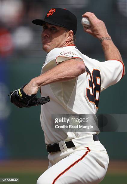 Brian Wilson of the San Francisco Giants pitches against the Philadelphia Phillies during the game at AT&T Park on April 28, 2010 in San Francisco,...