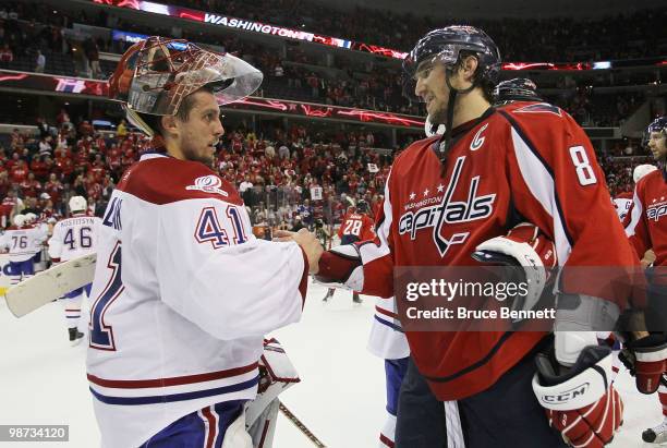 Jaroslav Halak of the Montreal Canadiens shakes hands with Alex Ovechkin of the Washington Capitals following the Canadiens 2-1 win in Game Seven of...