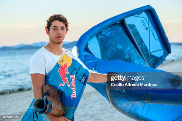 Mexican kitesurfer Anthar Racca poses in La Ventana beach on January 20, 2017 in La Paz, Mexico.