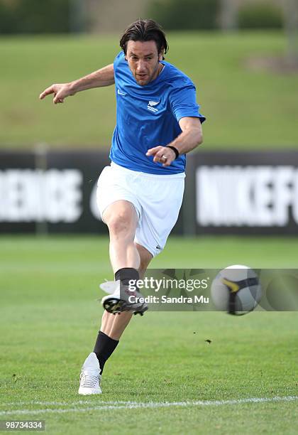 Ivan Vicelich of the New Zealand All Whites shoots during an All Whites training session at North Harbour Stadium on April 29, 2010 in Auckland, New...