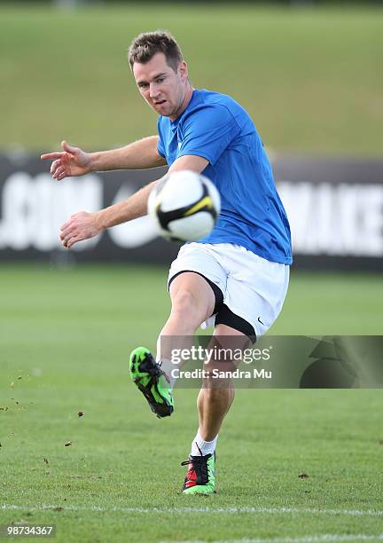 Shane Smeltz of the New Zealand All Whites kicks during an All Whites training session at North Harbour Stadium on April 29, 2010 in Auckland, New...