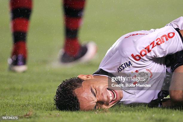 Dentinho of Corinthians reacts during a match against Flamengo as part of the Libertadores Cup at Maracana Stadium on April 28, 2010 in Rio de...