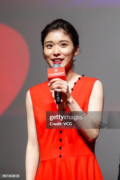 Japanese actress Mayu Matsuoka attends a meeting of film 'Shoplifters' during the 21st Shanghai International Film Festival at Shanghai Film Art...