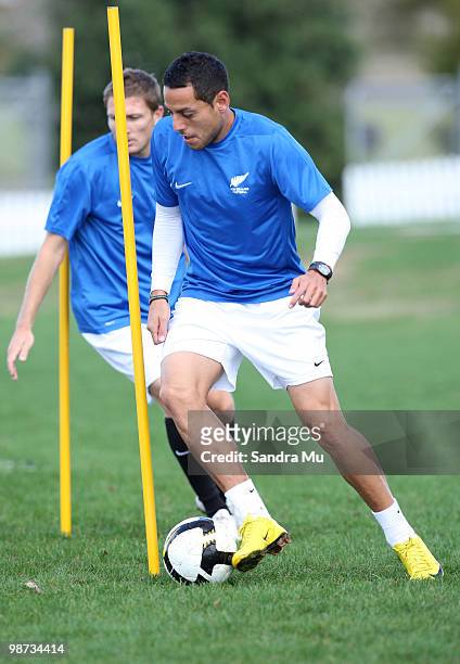 Leo Bertos of the New Zealand All Whites kicks during an All Whites training session at North Harbour Stadium on April 29, 2010 in Auckland, New...