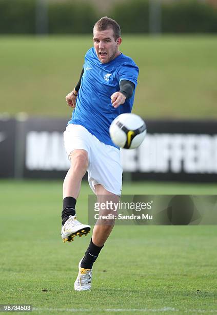 Jeremy Brookie of the New Zealand All Whites kicks during an All Whites training session at North Harbour Stadium on April 29, 2010 in Auckland, New...
