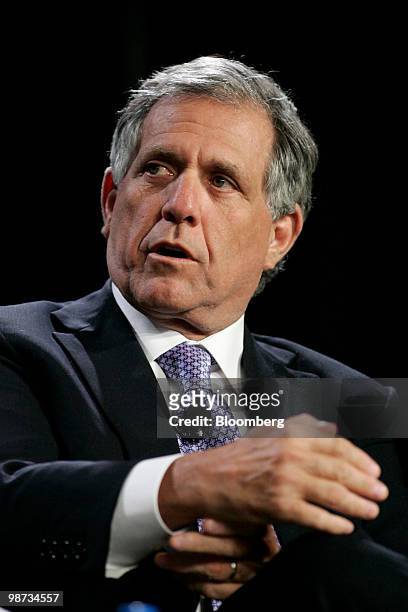 Leslie Moonves, president and chief executive officer of CBS Corp., speaks during the Milken Institute Global Conference in Los Angeles, California,...