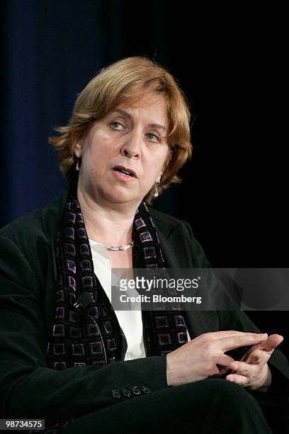 Vivian Schiller, president and chief executive officer of National Public Radio Inc., speaks during the Milken Institute Global Conference in Los...