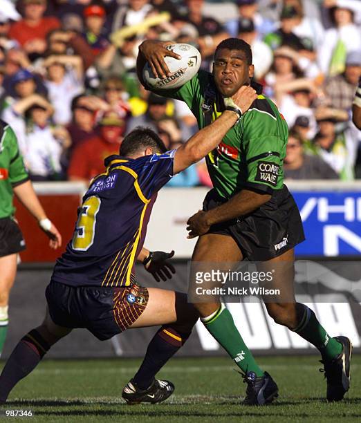 Ken Nagas for the Raiders looks for a way though the Broncos line during the NRL match today between the Canberra Raiders and the Brisbane Broncos...