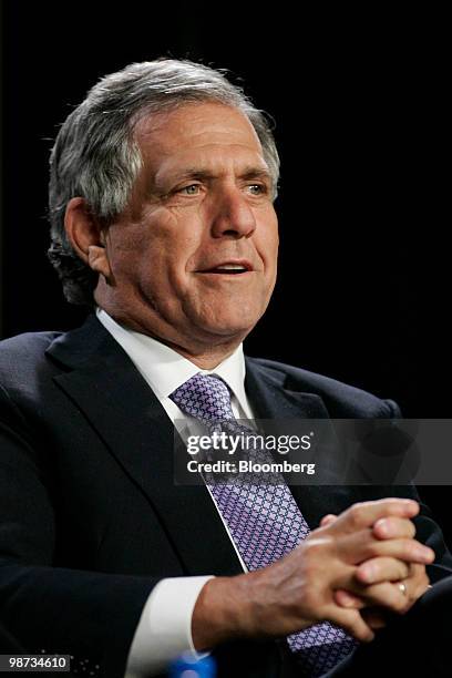 Leslie Moonves, president and chief executive officer of CBS Corp., speaks during the Milken Institute Global Conference in Los Angeles, California,...