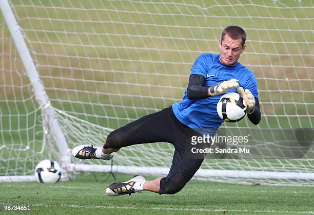Glen Moss of the New Zealand All Whites saves a goal during an All Whites training session at North Harbour Stadium on April 29, 2010 in Auckland,...