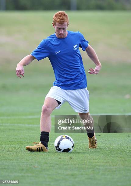 Aaron Clapham of the New Zealand All Whites kicks during an All Whites training session at North Harbour Stadium on April 29, 2010 in Auckland, New...