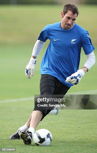 James Bannatyne of the New Zealand All Whites kicks during an All Whites training session at North Harbour Stadium on April 29, 2010 in Auckland, New...