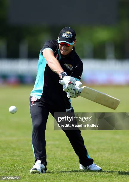 David Warner of Winnipeg Hawks warms up prior to a Global T20 Canada match against Montreal Tigers at Maple Leaf Cricket Club on June 29, 2018 in...