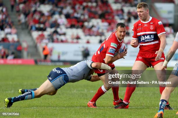 Hull KR's Danny McGuire is tackled by Huddersfield Giants Ryan Hinchcliffe during the Betfred Super League match at Craven Park, Hull.