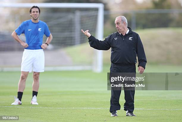 Technical Advisor Raul Blanco of the New Zealand All Whites directs the players as Ivan Vicelich looks on during an All Whites training session at...