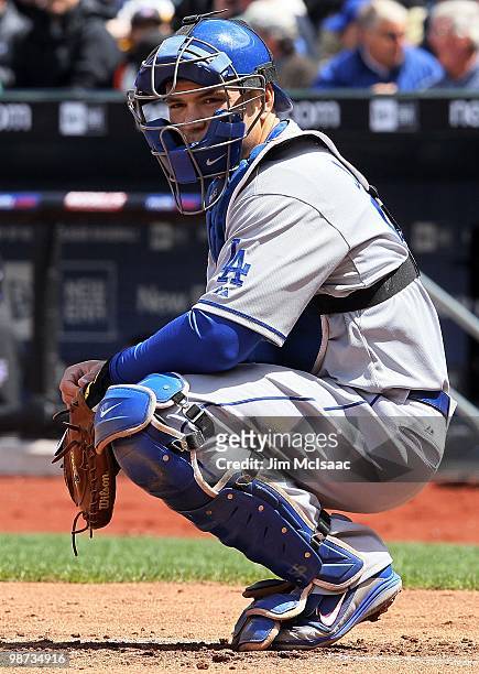 Russell Martin of the Los Angeles Dodgers looks on against the New York Mets on April 28, 2010 at Citi Field in the Flushing neighborhood of the...