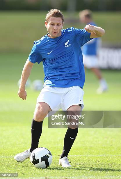 James Pritchett of the New Zealand All Whites kicks during an All Whites training session at North Harbour Stadium on April 29, 2010 in Auckland, New...