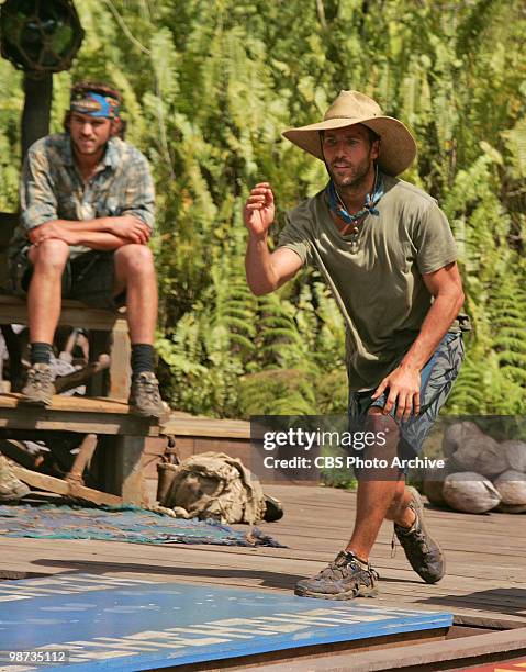 James "J.T" Thomas Jr. And Colby Donaldson, during the reward challenge, "Faux Coconut Blowling," during the eighth episode, on SURVIVOR: HEROES VS....