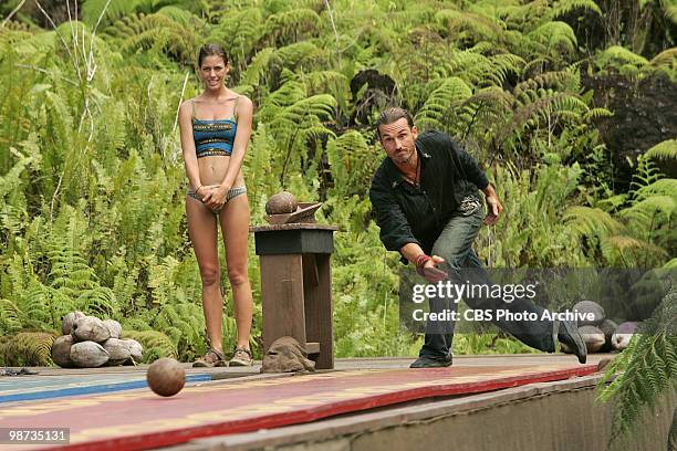 Amanda Kimmel and Benjamin "Coach" Wade, during the reward challenge, "Faux Coconut Blowling," during the eighth episode, on SURVIVOR: HEROES VS....