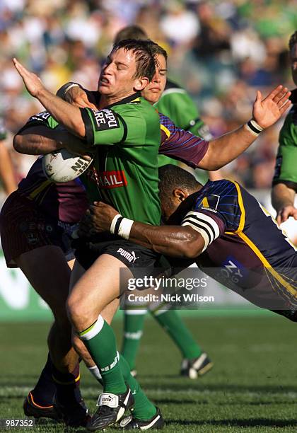 Clinton Schifcofske for the Raiders looks for a way though the Broncos line during the NRL match today between the Canberra Raiders and the Brisbane...